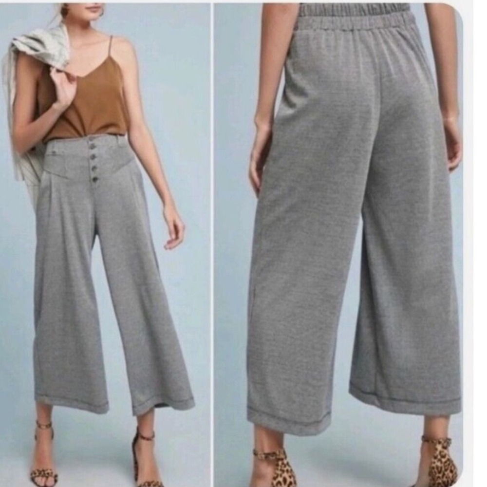 Maeve Anthropologie Grey Houndstooth Plaid Wide‎ Leg Cropped Pants Medium